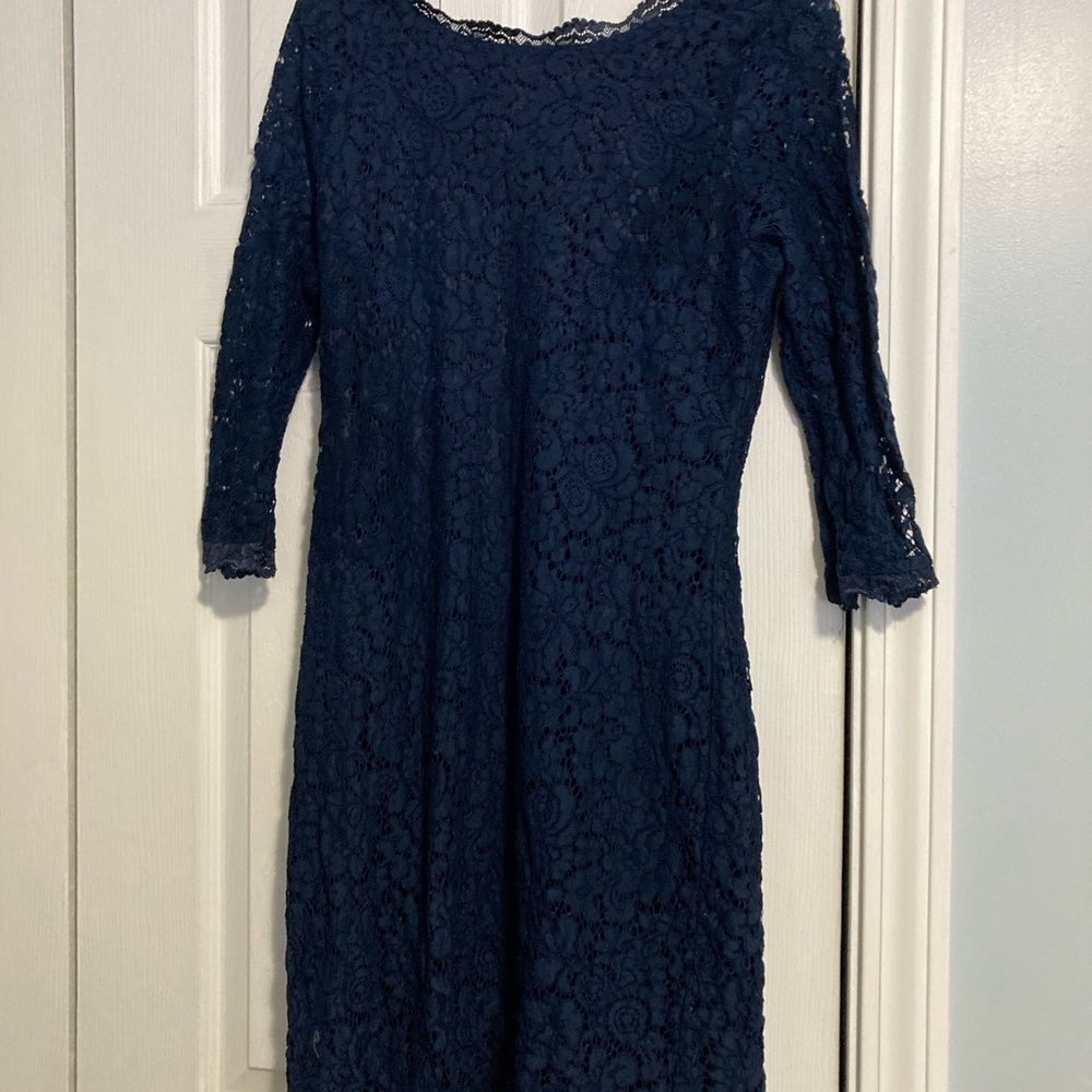 Elegant Navy Lace Long Sleeve Dress